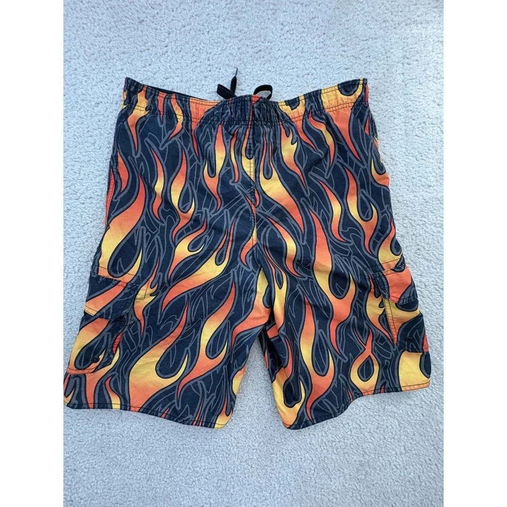 Hang Ten All Over Flame Print Board Shorts Swim Trunks Black Red Yellow Size XL